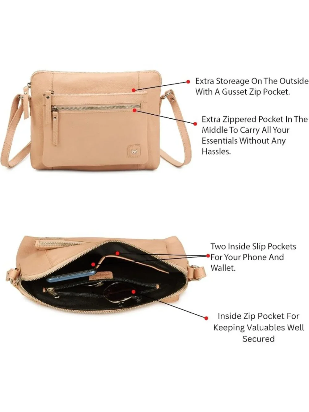 Women's Nude Genuine Leather Sling Purse with Adjustable Strap Crossbody bag